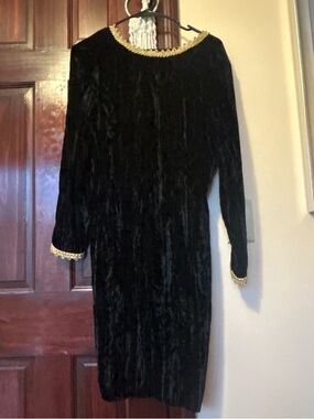Black Velvet Dress with Gold Trim - Women's Elegant Long Sleeve